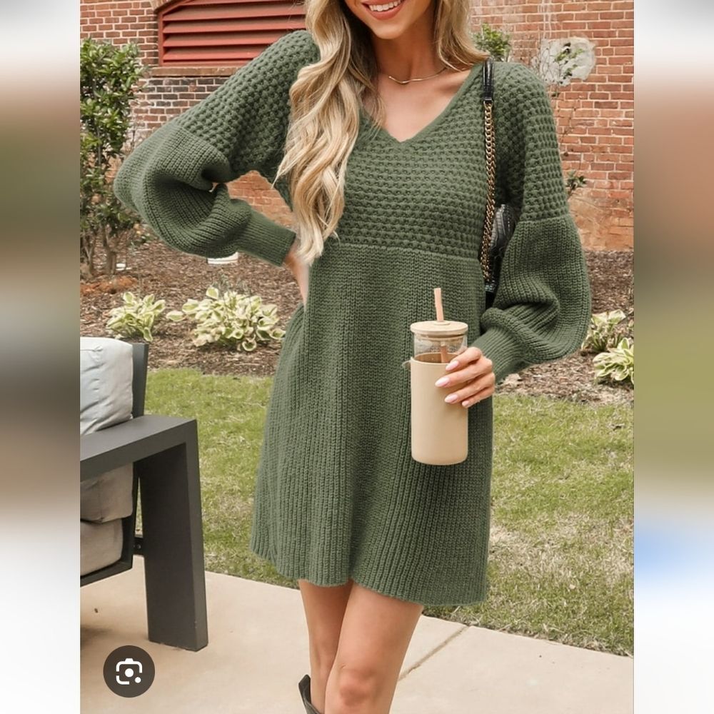 NWT Cupshe L Chunky Knit V-Neck Mini Sweater Dress Olive Green 1923-AZ